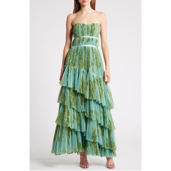 ANTHROPOLOGIE Hutch Lanza Strapless Pleated Tiered Ruffle Tulle Maxi Dress Green - Picture 4 of 15